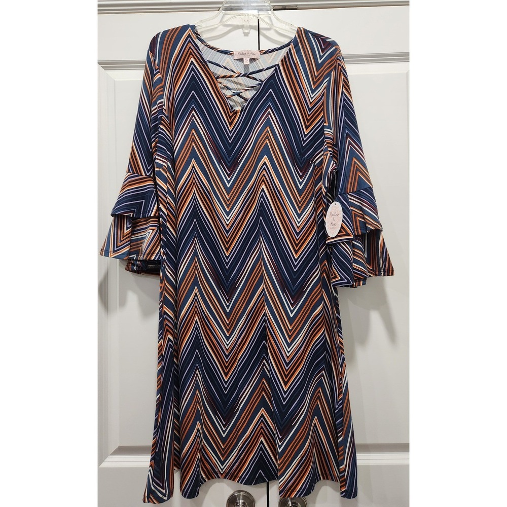 Harlow‎ & Rose Woman Chevron Tunic Dress 2X Lattice Neck Bell Sleeve Boho NWT